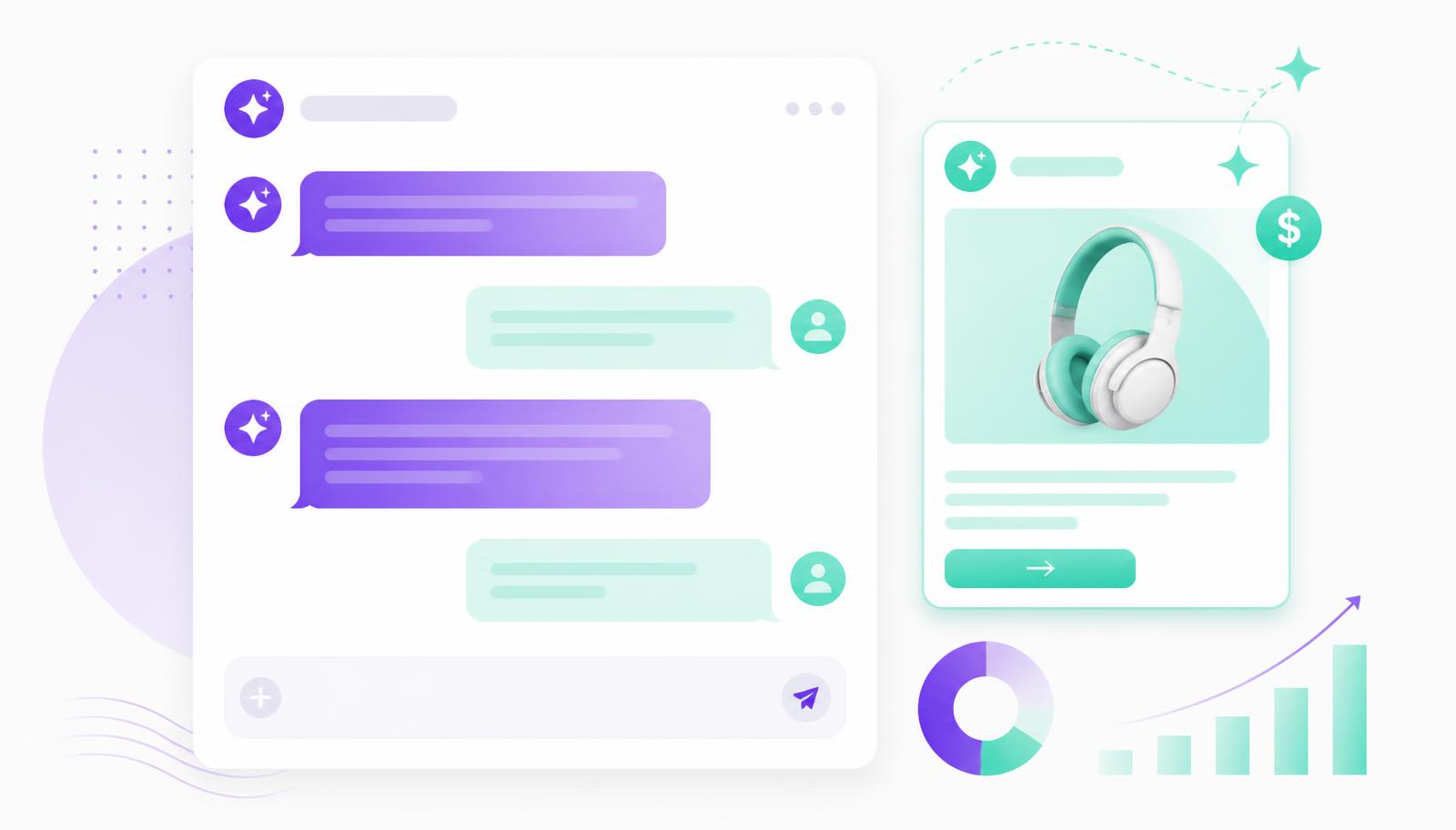 Ilustração de uma conversa com inteligência artificial ao lado de um bloco de anúncio identificado como patrocinado, em degradê roxo e verde-água