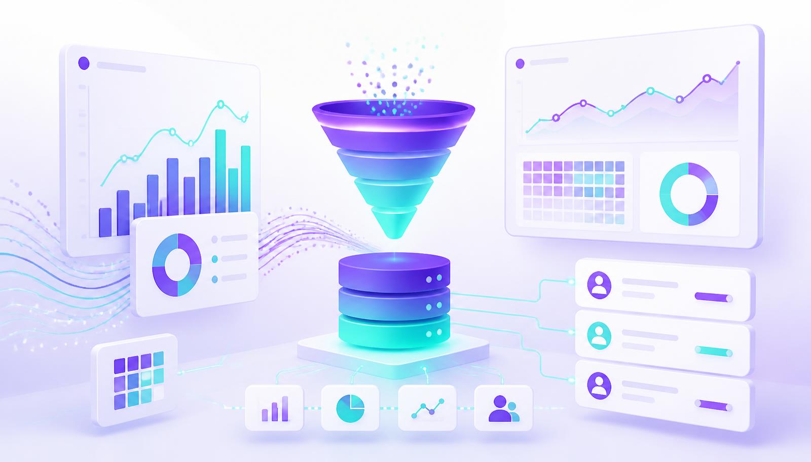 Illustration of marketing dashboards with charts, a conversion funnel and a database connected to CRM records, in purple and mint gradient