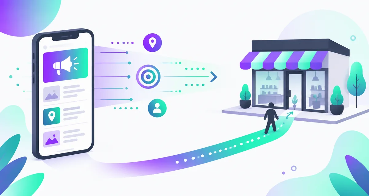 Ilustração de um celular conectando anúncios digitais a um estabelecimento local em degradê roxo e verde-água
