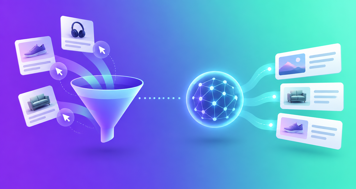 Tráfego pago ou respostas de IA: onde aparecer? Ilustração de um funil de anúncios de um lado e uma rede neural que entrega respostas do outro, em degradê roxo e verde-água